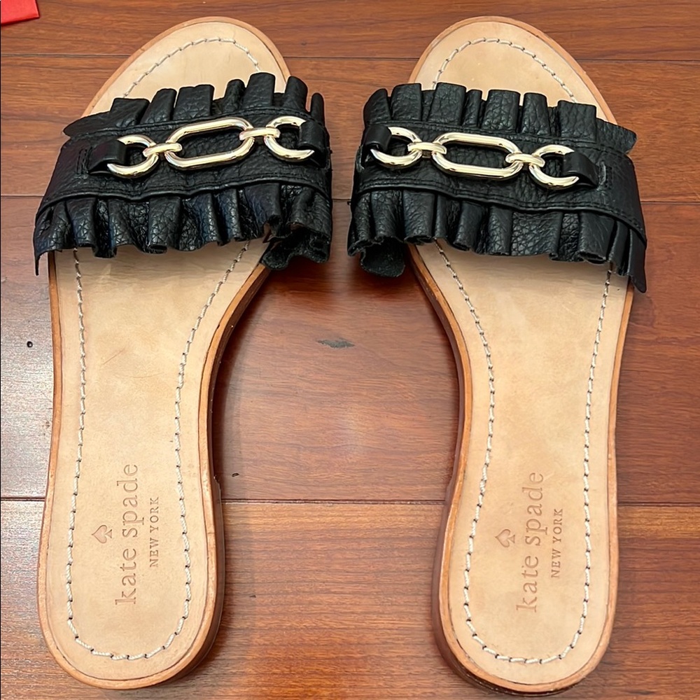 kate spade Black Leather Fringe Slide Sandals with Gold Chain